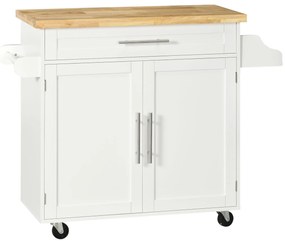 Carucior de bucatarie cu sertar și dulap, 4 roti din care 2 cu frana, lemn, 109x40x89cm, alb HOMCOM | Aosom Romania