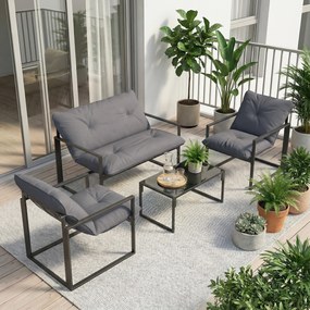 Outsunny Set Mobilier de Exterior cu Măsuță din Sticlă, Canapea, 2 Fotolii și Perne, Gri | Aosom Romania