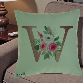 Cadou Personalizat - Perna Personalizata Monograma Rose Gold Litera W cu Trandafiri si Anemona, 40x40 cm, Verde, Husa Detasabila, Perna Inclusa, BEKZ®