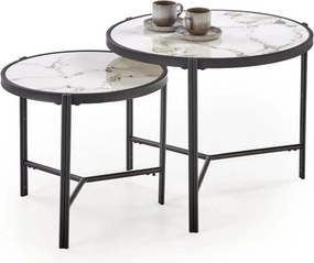 Set 2 masute cafea FATIMA, alb cu efect de marmura/negru, ceramica/met