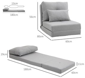 HOMCOM Fotoliu Pat 3 în 1 Convertibilă în Șezlong și Divan de Pe Podea cu 2 Perni, Gri Deschis | Aosom Romania