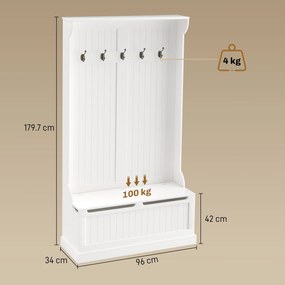 HOMCOM Cuier de Podea cu Bancă pentru Pantofi și 5 Cârlige, MDF, 96L x 34I x 179,7Î cm, Crem | Aosom Romania