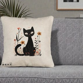 Perna Decorativa Pisica Neagra Flori Pastel Folk, 40x40 cm, Bej Canapea, Husa Detasabila, Perna Inclusa, BEKZ®