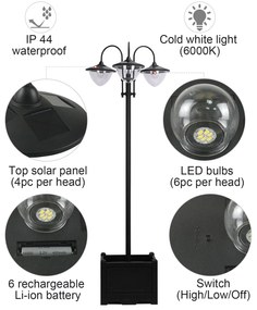 Outsunny Lampadar de grădină Solar LED cu 3 Capete și Jardinieră Integrată, Negru, pentru Grădină și Terasă | Aosom Romania