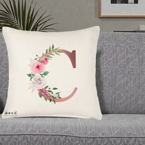 Cadou Personalizat - Perna Personalizata Monograma Rose Gold Litera C, 40x40 cm, Crem Reliefat, Husa Detasabila, Perna Inclusa, BEKZ®