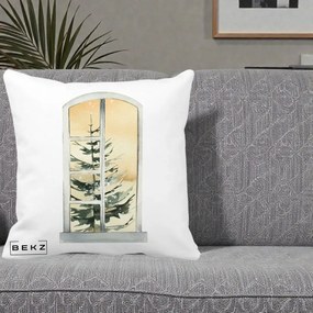 Perna Decorativa Fereastra cu Brad de Iarna, 40x40 cm, Alba Mata, Husa Detasabila, Perna Inclusa, BEKZ®