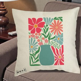 Perna Decorativa Flori in Vaza Turcoaz, 40x40 cm, Ecru, Husa Detasabila, Perna Inclusa, BEKZ®