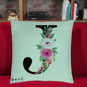 Cadou Personalizat - Perna Personalizata Monograma Florala Litera J, 40x40 cm, Verde Menta, Husa Detasabila, Perna Inclusa, BEKZ®