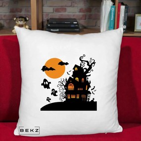 Perna Decorativa Halloween Casa Bantuita cu Fantome, 40x40 cm, Alb Pufos, Husa Detasabila, Perna Inclusa, BEKZ®