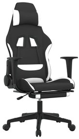 345508 vidaXL Scaun de gaming cu masaj/suport picioare, negru și alb, textil