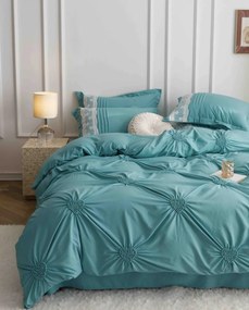 Lenjerie pat dublu, Inimi Brodate, 6 Piese, Finet Premium - Verde deschis