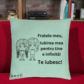 Cadou pentru Frate - Perna Personalizata Fratele Meu Te Iubesc Copii Anime Line Art Negru, 40x40 cm, Verde Menta, Husa Detasabila, Perna Inclusa, BEKZ®