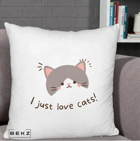 Perna Personalizata I Just Love Cats Pisica Kawaii, 40x40 cm, Alb Pufos, Husa Detasabila, Perna Inclusa, BEKZ®