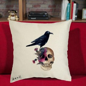 Perna Decorativa Craniu cu Corb si Flori Gothic, 40x40 cm, Ecru, Husa Detasabila, Perna Inclusa, BEKZ®