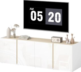 HOMCOM Comodă TV, banc TV cu 4 uși cu închidere amortizată, etajeră reglabilă și orificii pentru cabluri, 135 x 38 x 45 cm, alb | Aosom Romania