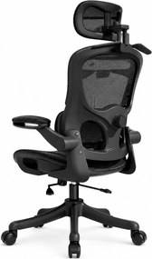 Scaun ergonomic cu șezut din plasă și suport lombar dinamic, tetiera 3D, cotiere rabatabile, Negru