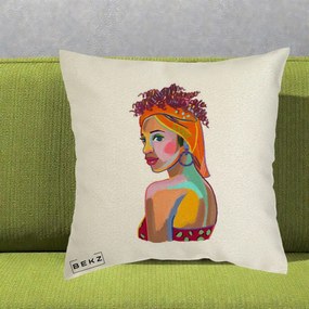 Perna Decorativa Portret Femeie Colorat Pop Art, 40x40 cm, Ecru, Husa Detasabila, Perna Inclusa, BEKZ®