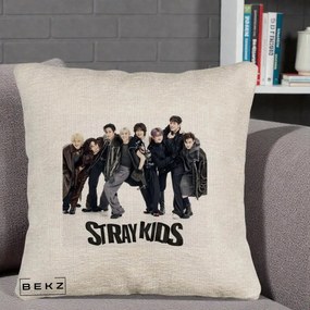 Perna Personalizata K-pop Stray Kids Outfit Negru, 40x40 cm, Bej Canapea, Husa Detasabila, Perna Inclusa, BEKZ®