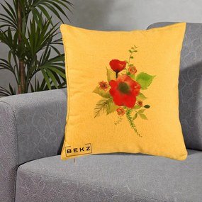 Perna Decorativa Buchet Rosu Acuarela, 40x40 cm, Galben, Husa Detasabila, Perna Inclusa, BEKZ®