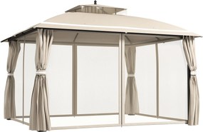 Outsunny Pavilion pentru Exterior cu Baldachin, Acoperiș Dublu, Plasă și Draperii, 370x303x290 cm, Bej | Aosom Romania