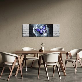Tablou - Fluture violet pe perete (cu ceas) (90x30 cm)