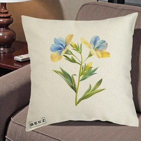 Perna Decorativa Botanica Frezie Galbena si Albastra, 40x40 cm, Ecru, Husa Detasabila, Perna Inclusa, BEKZ®