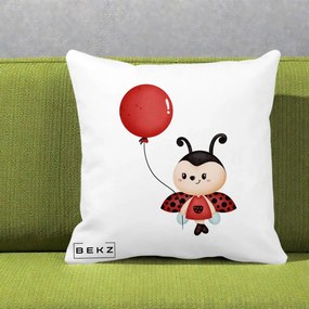 Perna Decorativa Buburuza cu Balon Rosu, 40x40 cm, Alba Mata, Husa Detasabila, Perna Inclusa, BEKZ®