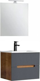 Trent mobilier de baie 60 cm chiuvetă ceramică (2 sertare) cu oglindă 60x80 cm stejar sunset-antracit gri