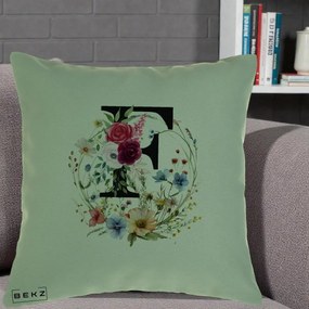 Cadou Personalizat - Perna Personalizata Monogram Litera F cu Flori Acuarela, 40x40 cm, Verde, Husa Detasabila, Perna Inclusa, BEKZ®