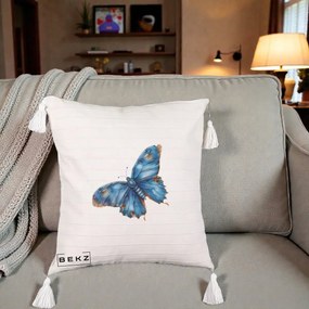 Perna Decorativa Fluture Albastru Satin cu Pete Aurii, 40x40 cm, Bej cu Franjuri, Husa Detasabila, Perna Inclusa, BEKZ®