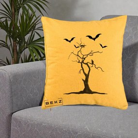 Perna Decorativa Halloween Copac cu Lilieci Alb-Negru, 40x40 cm, Galben, Husa Detasabila, Perna Inclusa, BEKZ®