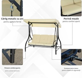 Outsunny Balansoar de Gradina 3 Locuri, Balansoar Pat pentru Exterior cu Copertina Reglabila, din Metal si tesut Teslin, Bej si Negru