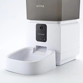 Dozator automat SMART granule pentru caini si pisici MYNA, 5 l, Camera, Aplicatie Wi-Fi, Blocare buton, Mancare uscata, Alb/Negru