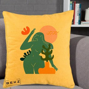 Perna Decorativa Femeie Albastra Cactus, 40x40 cm, Galben, Husa Detasabila, Perna Inclusa, BEKZ®