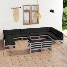 3077276 vidaXL Set mobilier grădină cu perne, 12 piese, gri, lemn masiv de pin