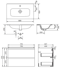 Set dulap baie suspendat 2 sertare cu lavoar Cersanit Moduo inclus, 80 cm, antracit mat, B891, montat