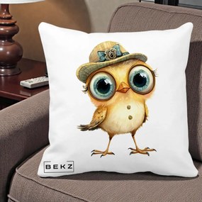 Perna Decorativa Pui Elegant cu Palarie Teal, 40x40 cm, Alba Mata, Husa Detasabila, Perna Inclusa, BEKZ®