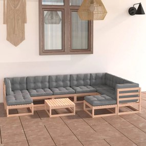 3076809 vidaXL Set mobilier grădină cu perne, 10 piese, lemn masiv de pin