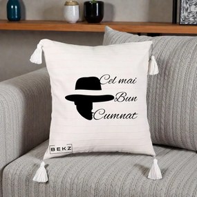 Cadou pentru Cumnat - Perna Personalizata Cel mai Bun Cumnat cu Silueta Palarie, 40x40 cm, Bej cu Franjuri, Husa Detasabila, Perna Inclusa, BEKZ®