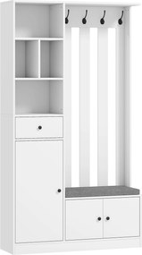 HOMCOM Dulap pentru hol 180 cm cu suport pentru haine, bancă pentru încălțăminte, 4 cârlige, polițe deschise, MDF, Alb | Aosom Romania