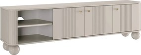 Comodă TV Vesper 187 cm cu trei uși - casmir cu mânere aurii și picioare sferice