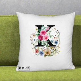 Cadou Personalizat - Perna Personalizata Monogram Litera K cu Flori Acuarela, 40x40 cm, Alb Pufos, Husa Detasabila, Perna Inclusa, BEKZ®