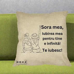 Cadou pentru Sora - Perna Personalizata Sora Mea Te Iubesc Line Art Portrete Colorate, 40x40 cm, Crem, Husa Detasabila, Perna Inclusa, BEKZ®