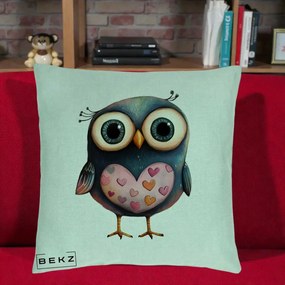 Perna Decorativa Bufnita cu Inimioare Roz, 40x40 cm, Verde Menta, Husa Detasabila, Perna Inclusa, BEKZ®