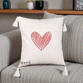Perna Decorativa Inima Rosie Desen Manual, 40x40 cm, Bej cu Franjuri, Husa Detasabila, Perna Inclusa, BEKZ®