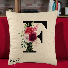 Cadou Personalizat - Perna Personalizata Monograma Florala Litera F, 40x40 cm, Bej, Husa Detasabila, Perna Inclusa, BEKZ®