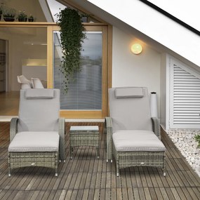 Outsunny Set de 2 șezlonguri mari confortabile : saltea, tetieră, spătar reglabil pe multiple poziții, cotiere, roți + măsuță joasă cu blat din sticlă securizată și rășină împletită gri | Aosom Romania