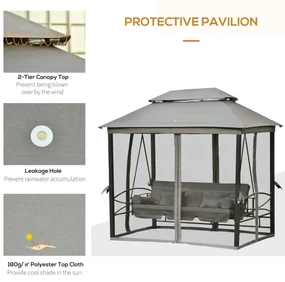 Outsunny Balansoar 3 Posti si Sezlong cu Copertina tip Foisor cu Plasa Impotriva Tantarilor si Perne, Gri Inchis 256x172x248cm