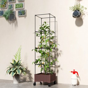 Outsunny Jardinieră Înălțată cu Spalier 20L, Pat de Grădină Înălțat pentru Exterior cu Roți Blocabile, Sistem de Autoirigare, Orificii de Drenaj pentru Plante Cățărătoare, Legume și Flori, Maro | Aosom Romania