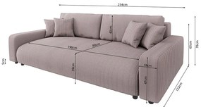 Canapea roz-deschis extensibilă, cu spațiu de depozitare, cu tapițerie din catifea reiată 234 cm Sara – Ropez